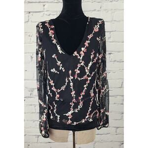 WHBM Top Womens M Embroidered Mesh Floral Sheer Whimsy Goth Romantic Fairycore